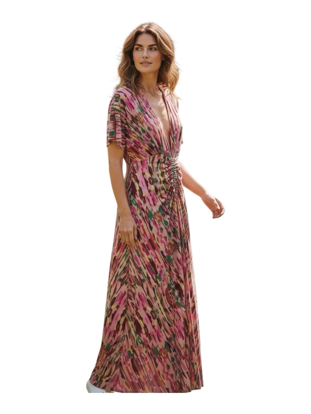 SHEIN Pink Multicolor V-Neck Ruched Waist Maxi Dress